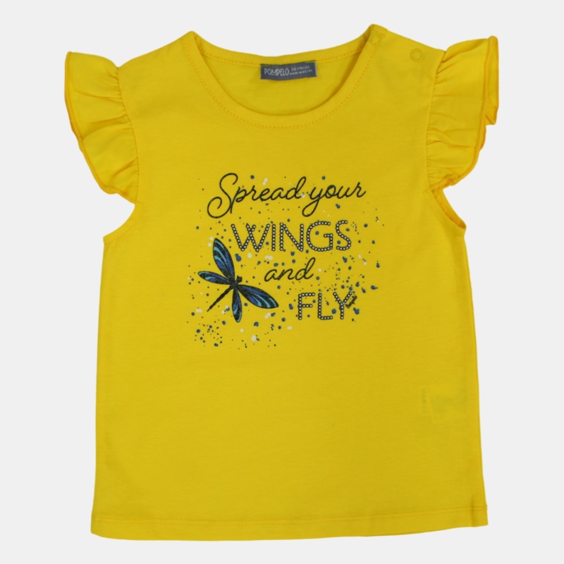 Baby Girls Cotton T-Shirt - Yellow with Ruffled Shoulders