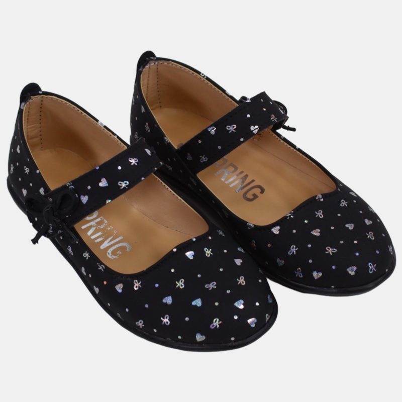 Baby Girls Leather Shoes  Black with Heart Details