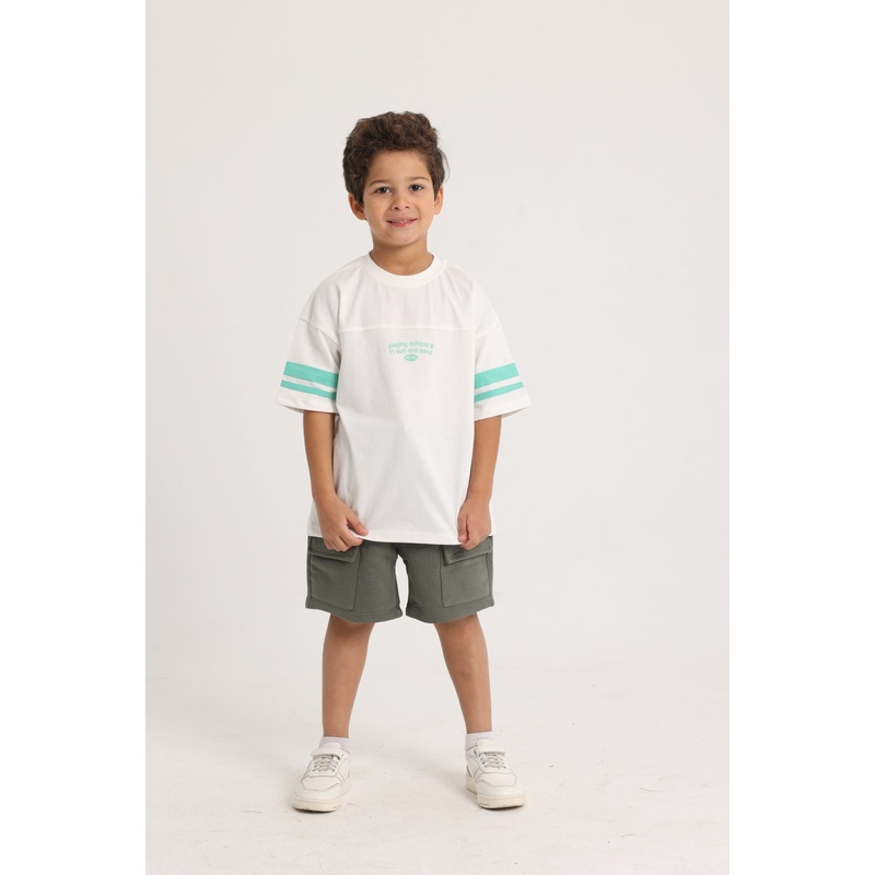 Unisex Kids Cotton T-Shirt  Off-white Playing Outdoors