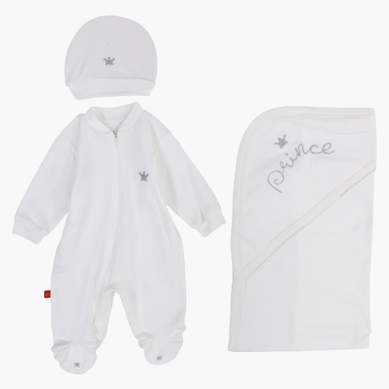 Baby Boys Cotton Newborn Outfit  Off-White, 3 Pieces, Prince Design