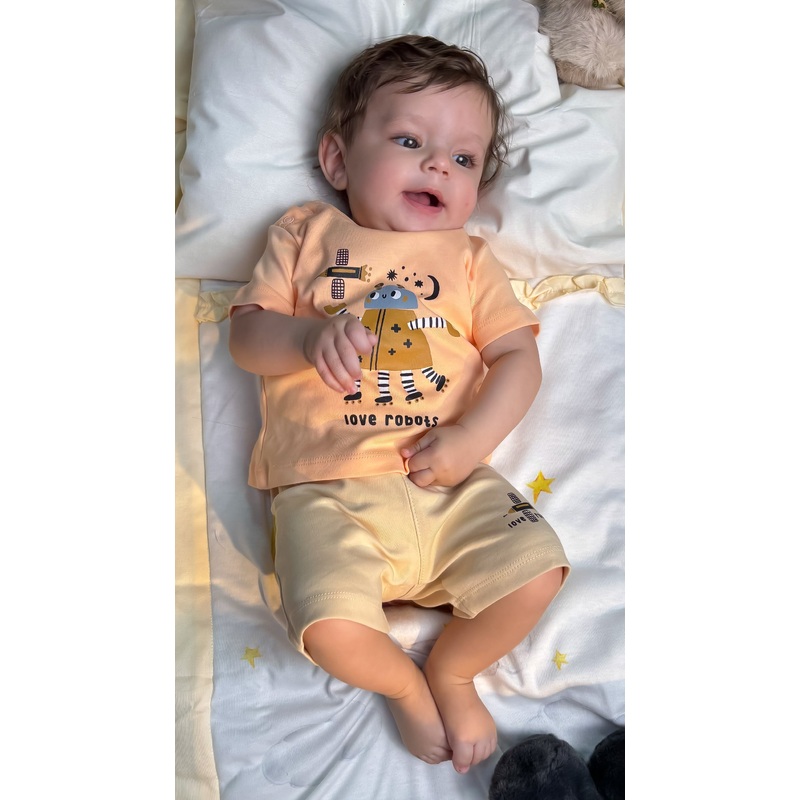 Baby Boys Cotton Pajama Set  Salmon Love Robots Print