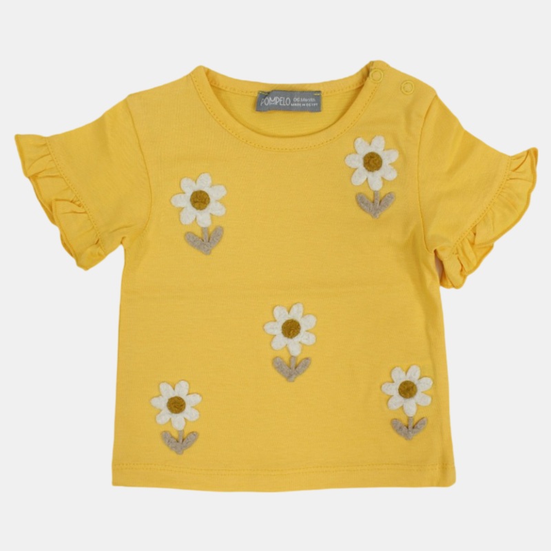 Baby Girls Short-Sleeved Cotton T-Shirt - Yellow with Flowers