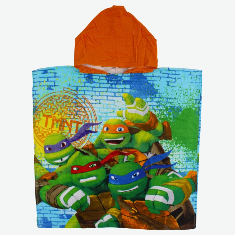 Boys Poncho Beach Towel with Hoodie  Green with Ninja Turtles Print