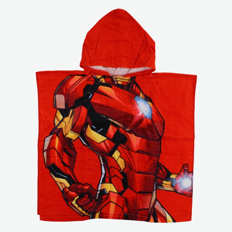 Boys Poncho Beach Towel with Hoodie  Red with Iron Man Print