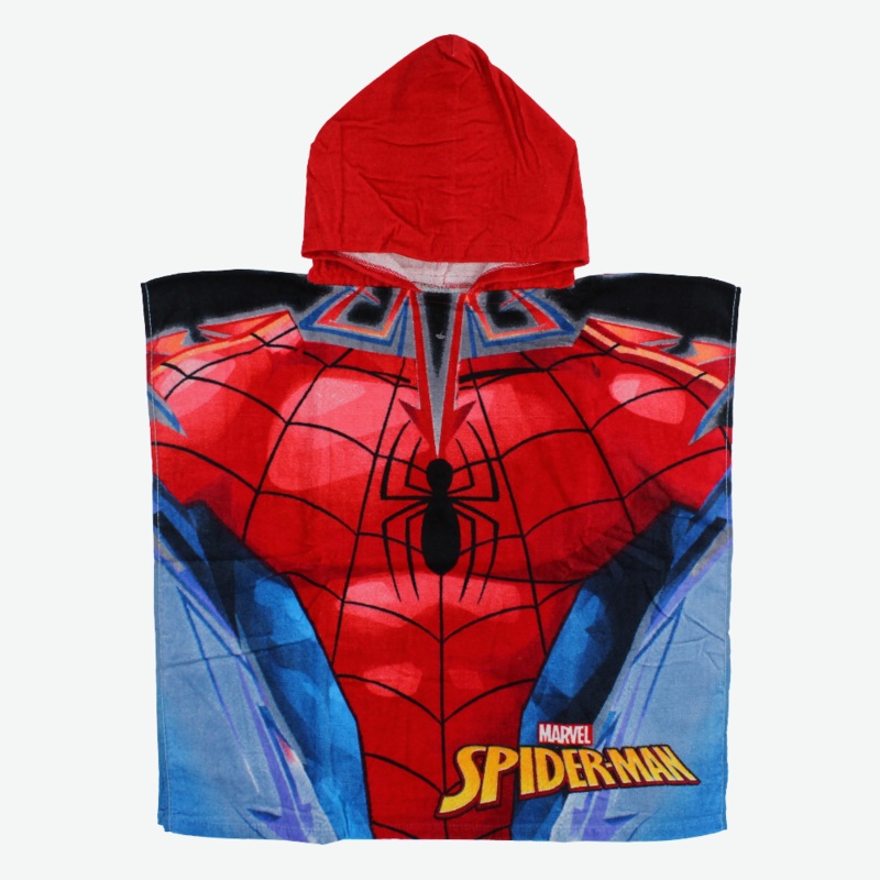 Boys Poncho Beach Towel with Hoodie  Red with Spiderman Print