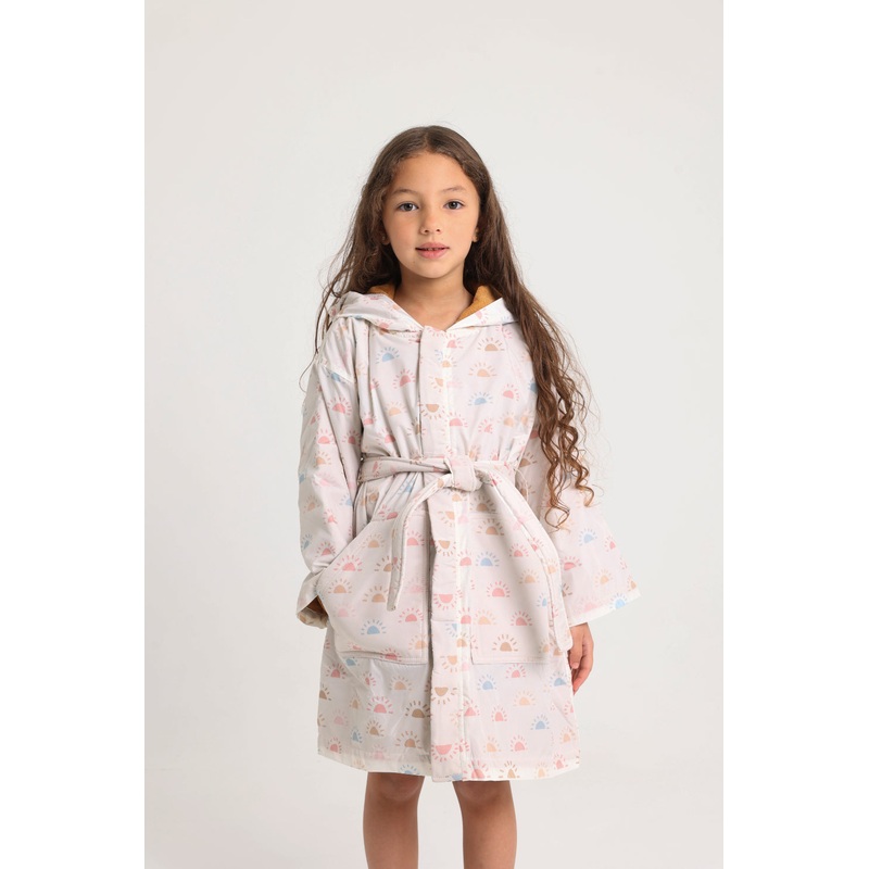 Unisex Swim Robe  Off-White with Colorful Suns Print