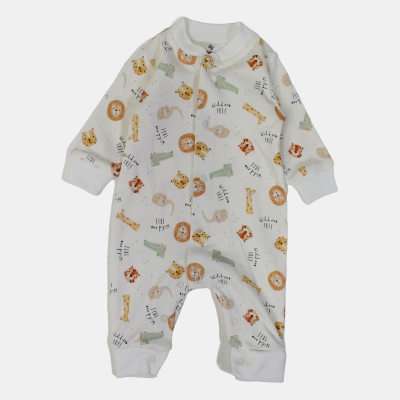 Baby Boys' Cotton Onesie  Off-White with Animal Print