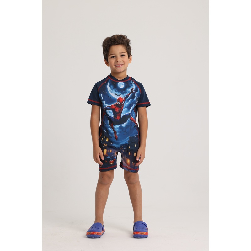 Boys Overall Swimsuit  Navy Blue with Spiderman Print