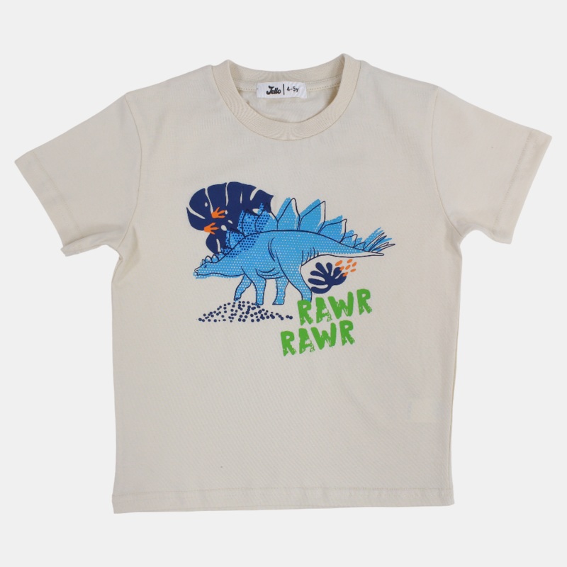 Boys Cotton T-Shirt  Beige with Dinosaur Print