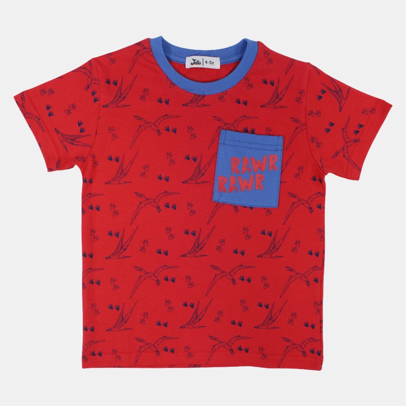 Boys Cotton T-Shirt - Red with Flying Dinos Print