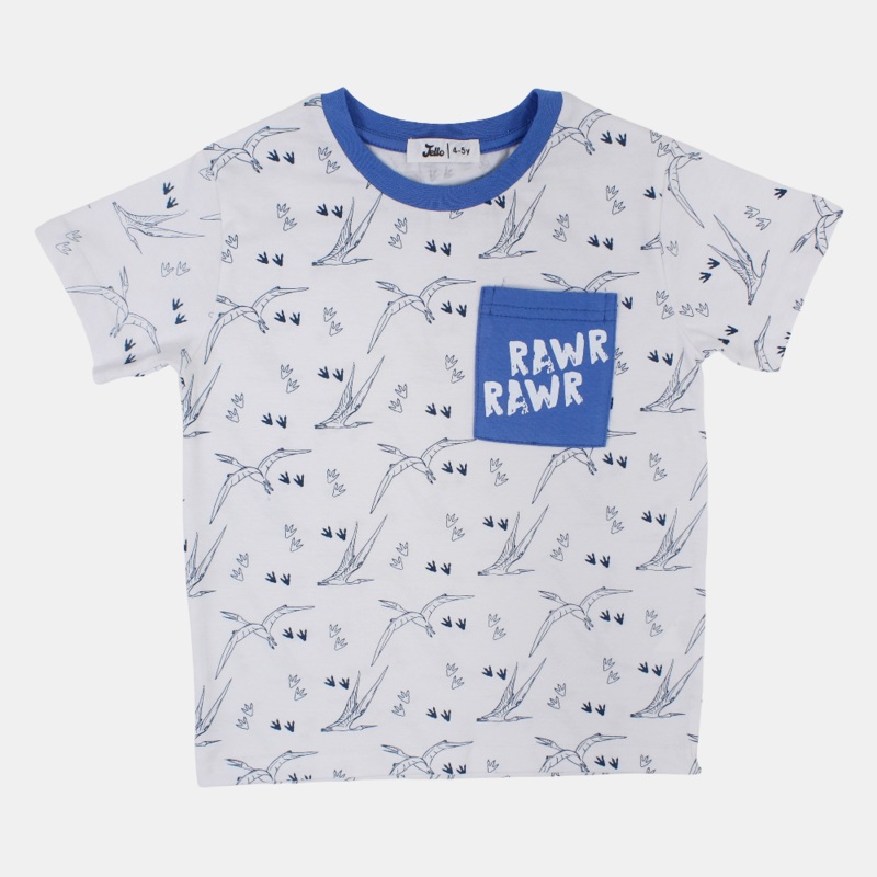 Boys Cotton T-Shirt - White with Flying Dinos Print