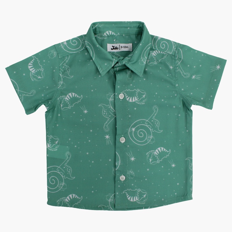 Baby Boys Cotton Shirt - Green with Dino in Space Print