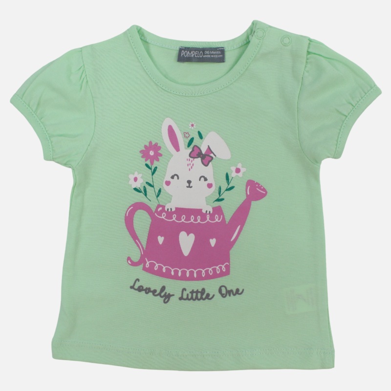 Baby Girls Cotton T-Shirt - Light Green with Bunny in a Pot Design