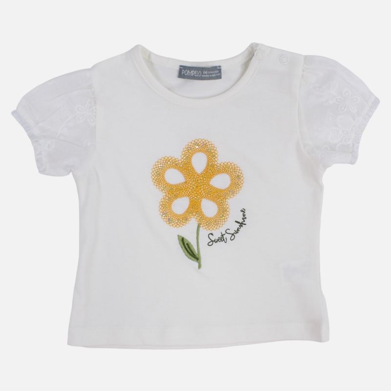 Baby Girls Cotton T-Shirt - Off-White with Flower Design