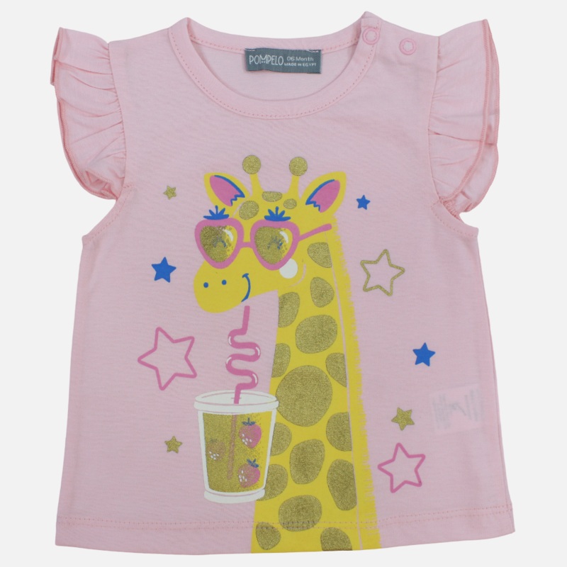 Baby Girls Cotton T-Shirt - Pink with Cool Giraffe Design