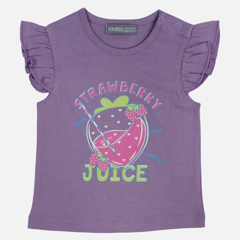 Baby Girls Cotton T-Shirt - Purple with Strawberry Juice Print