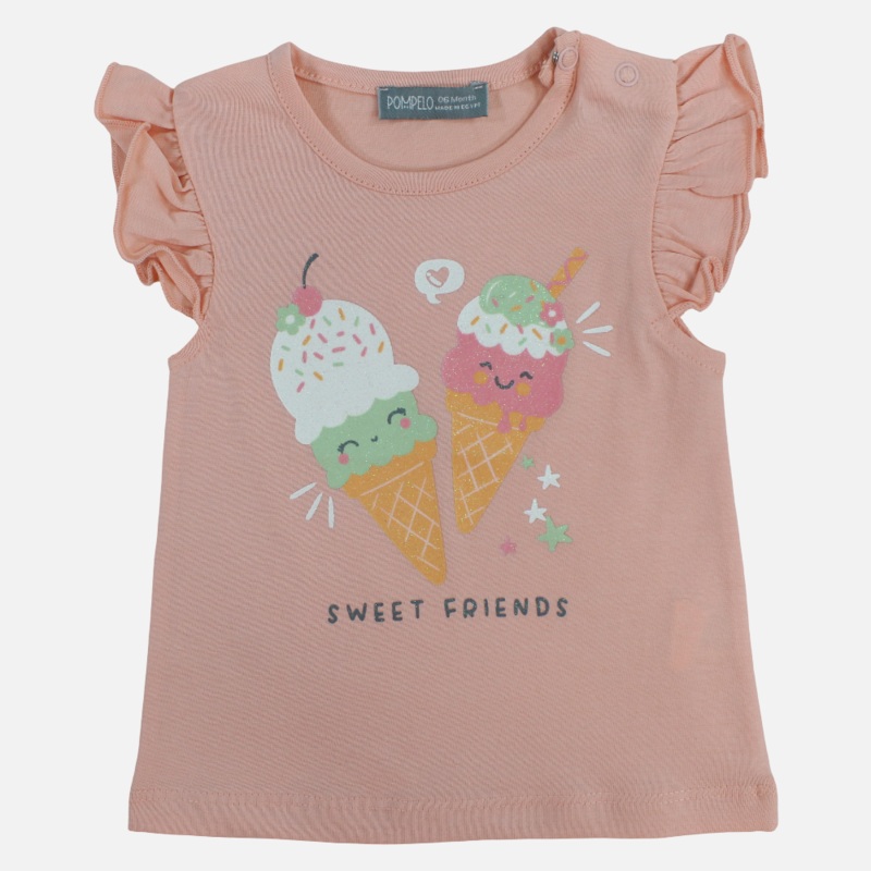 Baby Girls Cotton T-Shirt - Salmon with Ice Cream Design