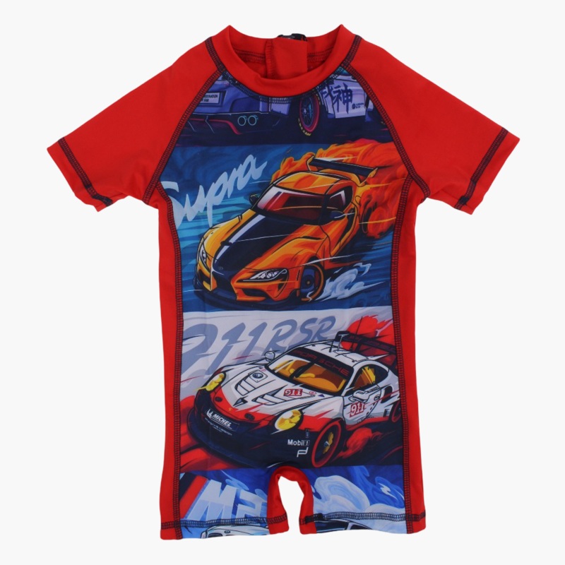 Boys Overall Swimsuit - Red with Super Cars Print