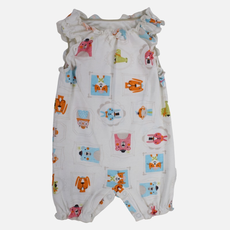 Unisex Baby Cotton Romper  Off-White with Animal Faces Print