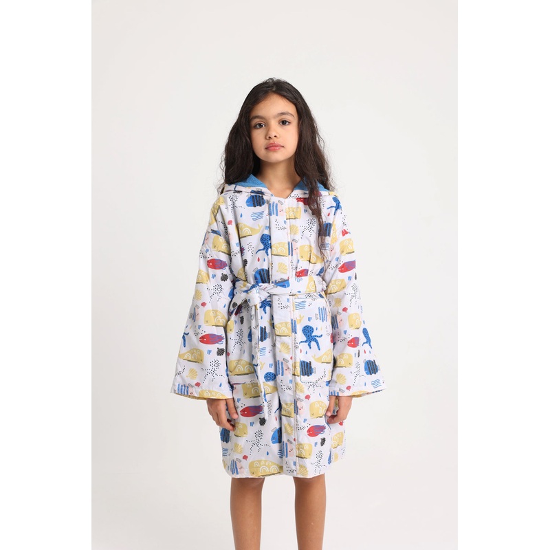 Unisex Swim Robe  Beige with Fish Print