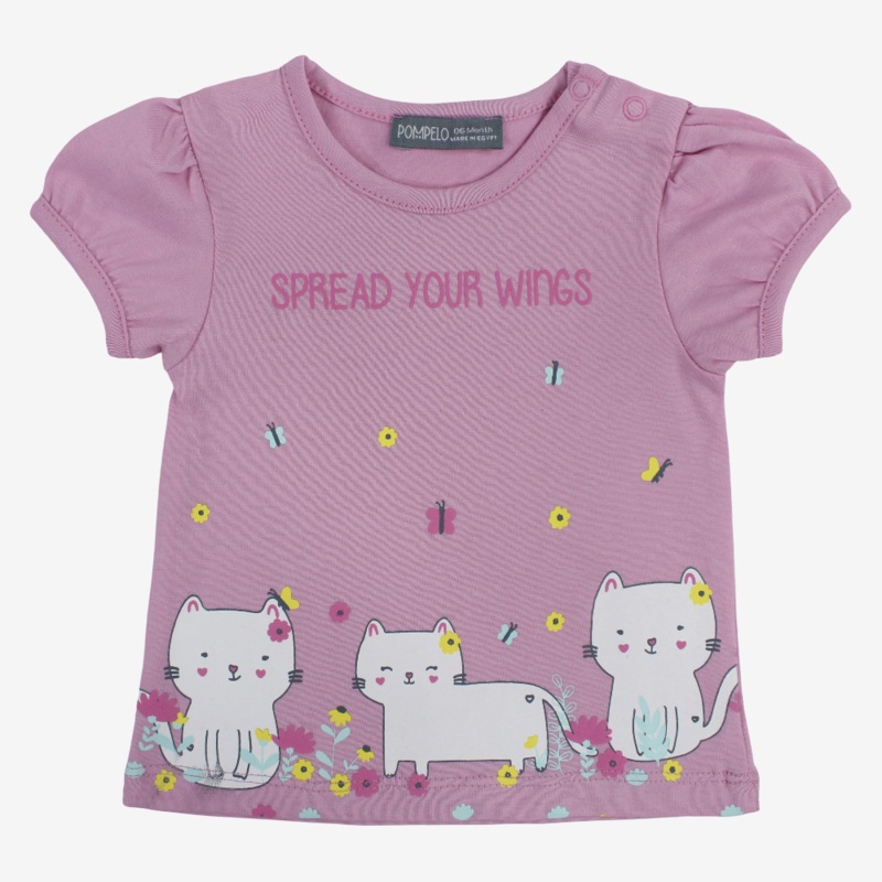 Baby Girls Cotton T-Shirt  Pink with Cute Kittens Print