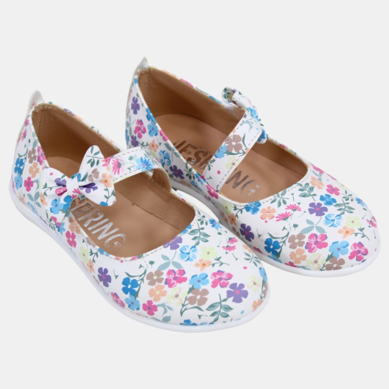 Baby Girls Leather Shoes  White with Colorful Floral Detail