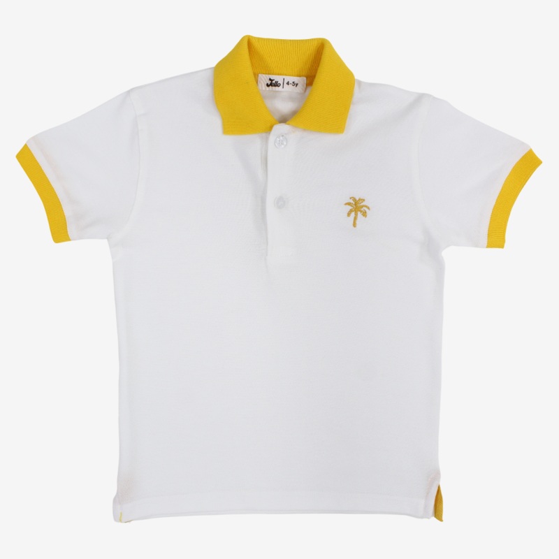 Boys Cotton Polo Shirt  White with Palm Design