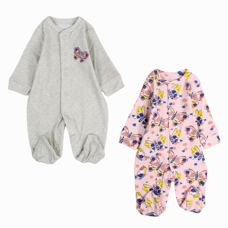 Baby Girls Cotton Baby Footie  Grey & Pink with Butterfly Print (2Pack)
