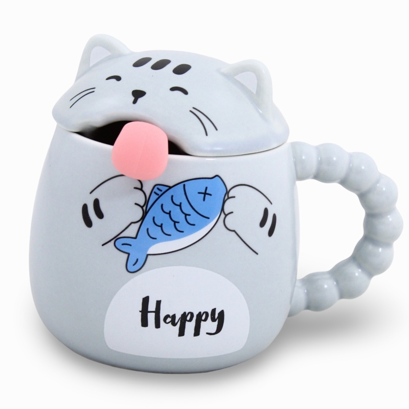 Porcelain Mug  Baby Blue Cat Shape with Lid and Spoon