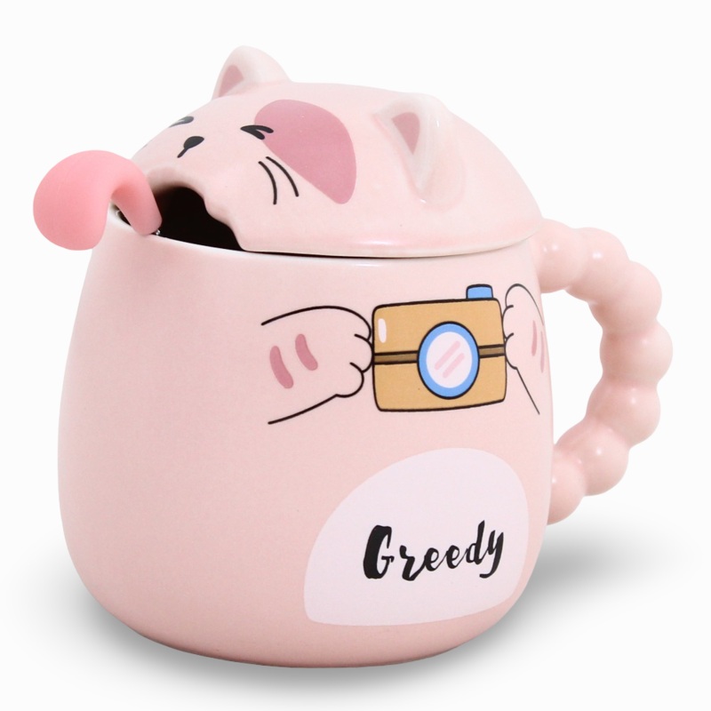 Porcelain Mug  Pink Cat Shape with Lid and Spoon