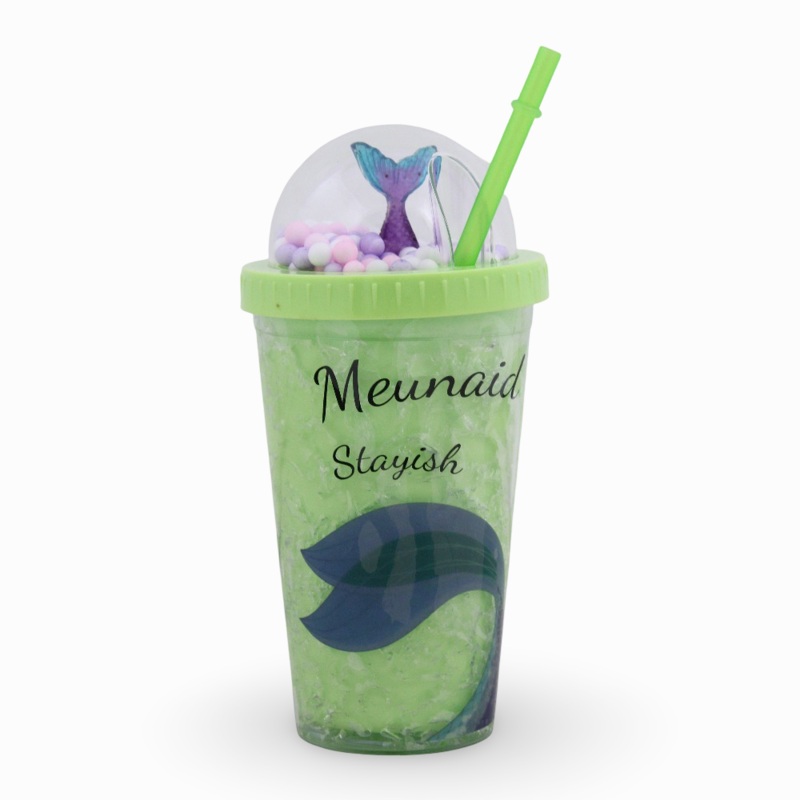 Porcelain Mug with Straw  Green with Mermaid Design