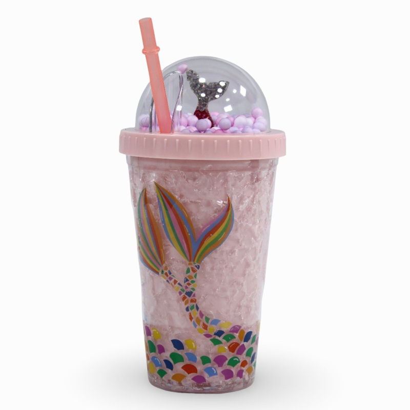 Porcelain Mug with Straw  Pink with Mermaid Design
