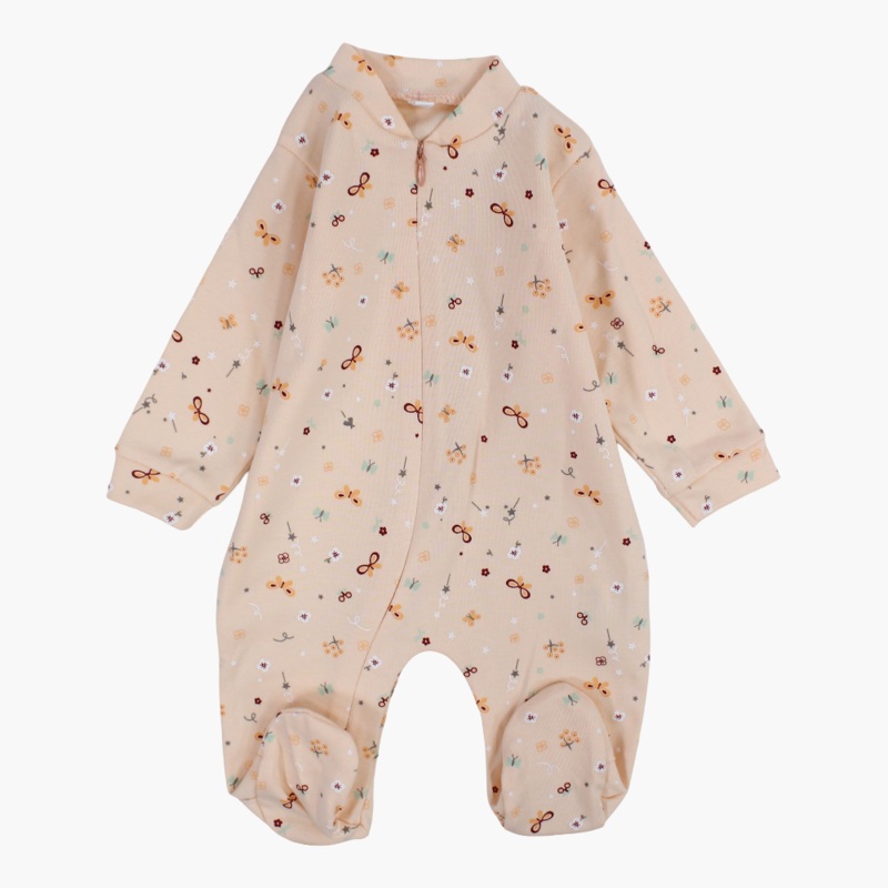 Baby Girls Cotton Baby Footie - Salmon with Butterflies Print