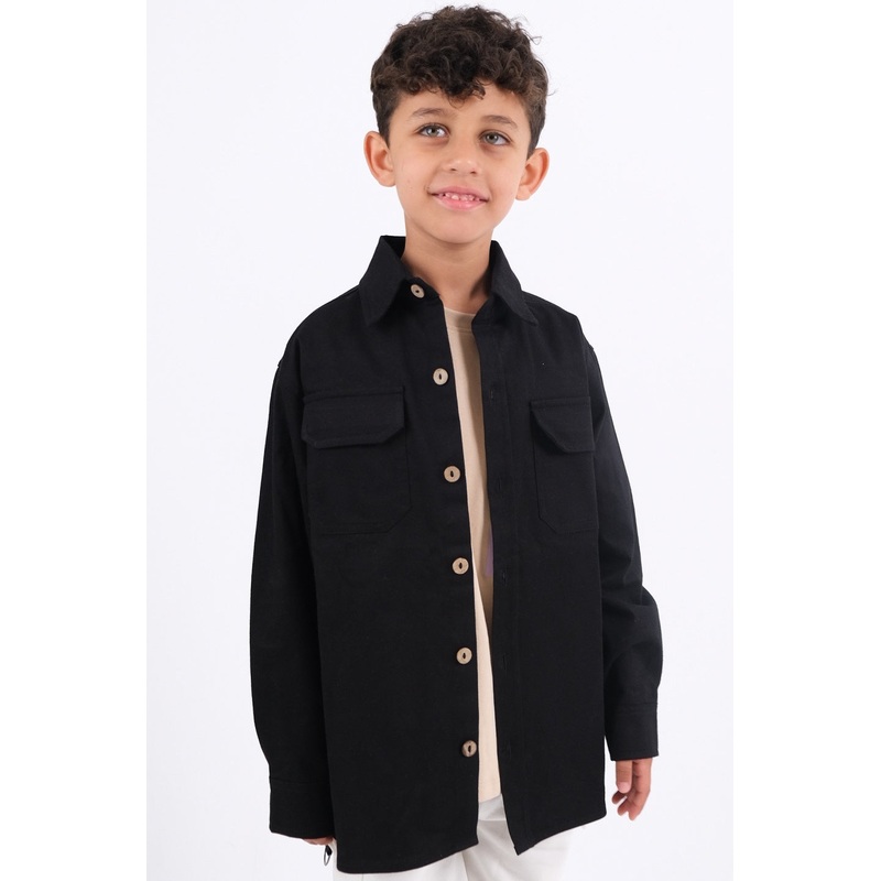 Black Long-Sleeved Overshirt|2-3Y|4-5Y|6-7Y|8-9Y|10-11Y|12-13Y