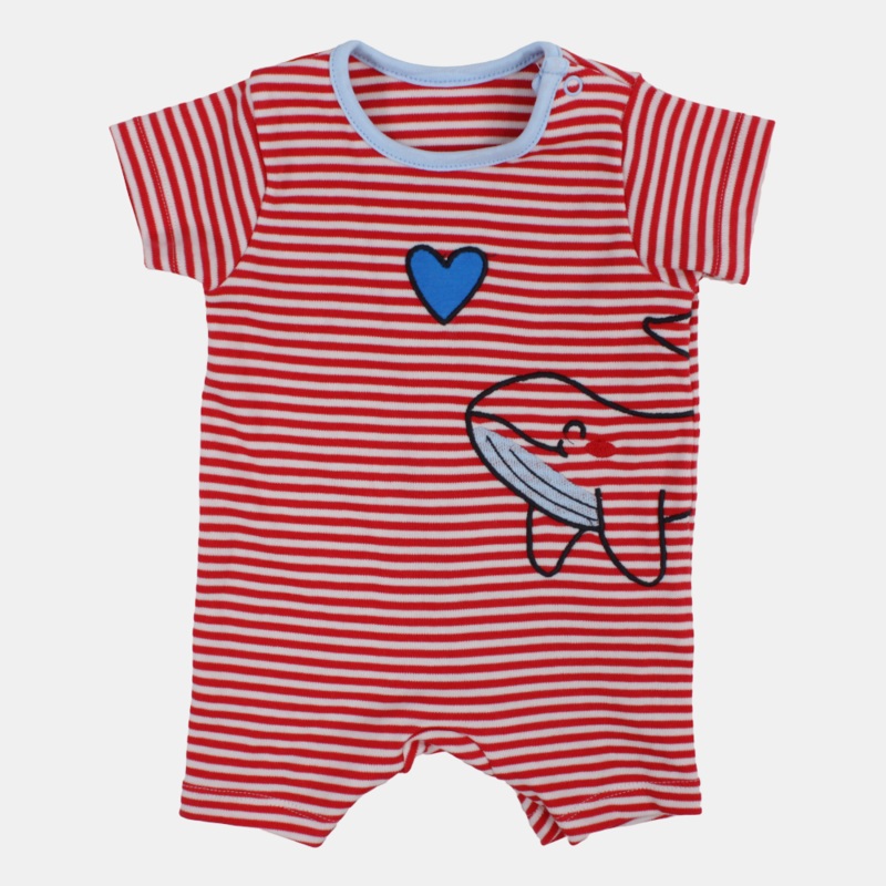 Unisex Baby Cotton Romper  Red Striped with Shark Design