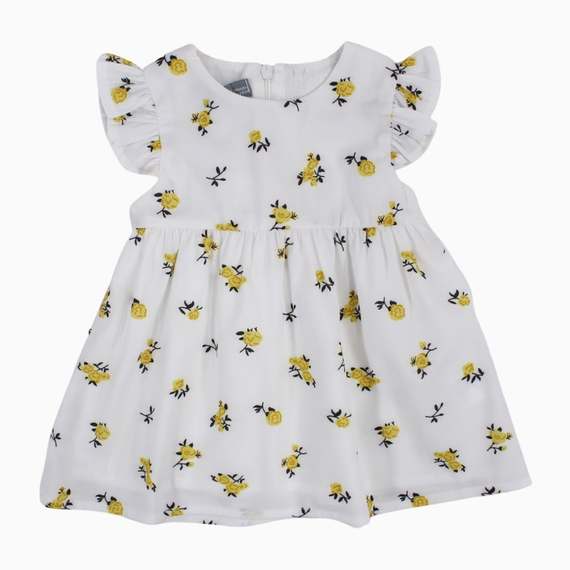 Baby Girls Cotton Dress - White with Yellow Flowers