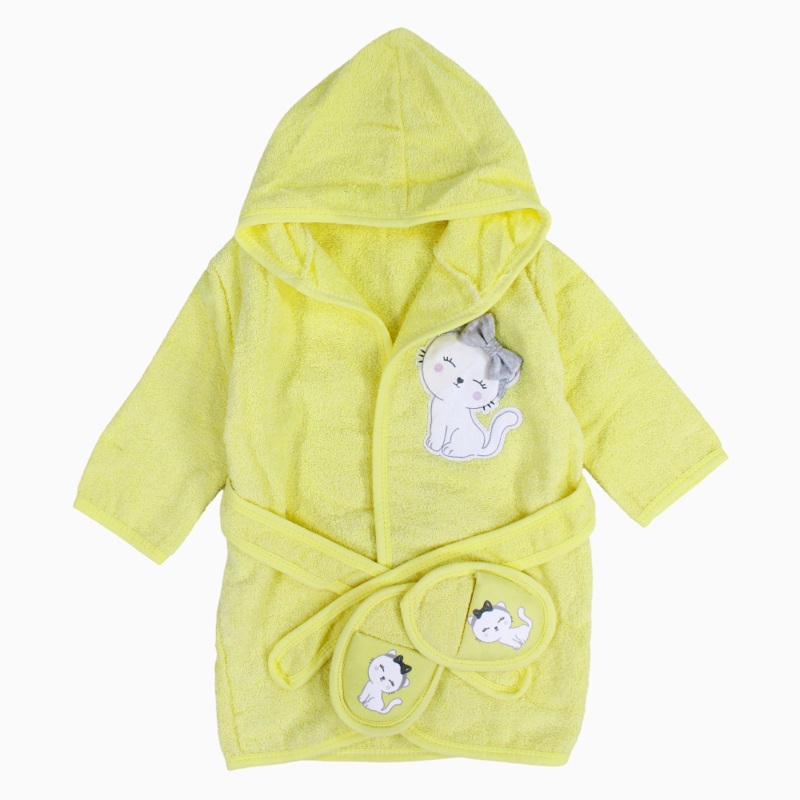 Baby Girls Bath Robe with Slippers  Yellow Cat Design