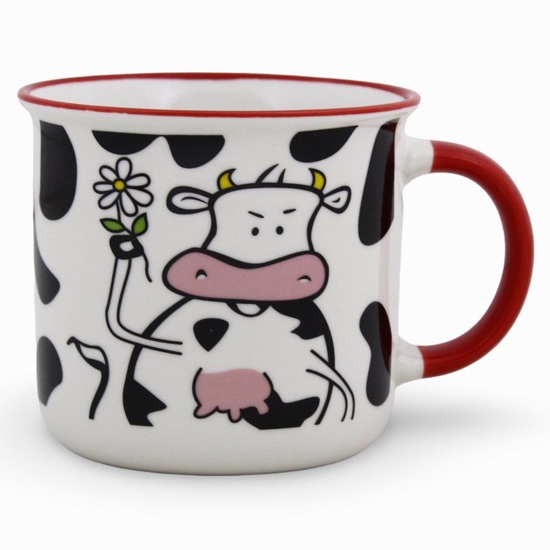 Porcelain Mug  Red Handle with Cow Design