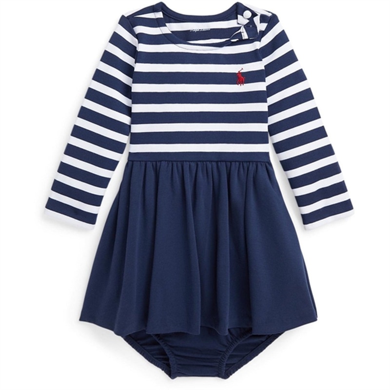 Ralph Lauren Baby Langrmet Dress And Bloomer Newport Navy W White