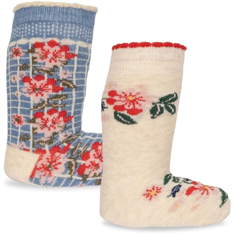 Konges Sljd Blue\/Almond 2-Pack Flower Jacquard Socks