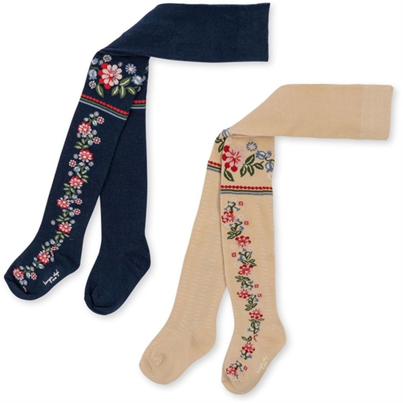 Konges Sljd Navy\/Creme 2-Pack Flower Jacquard Tights