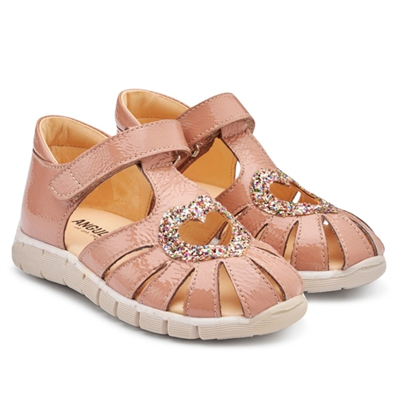 Angulus Heart Sandal W. Velcro Dark Peach\/Multi Glitter