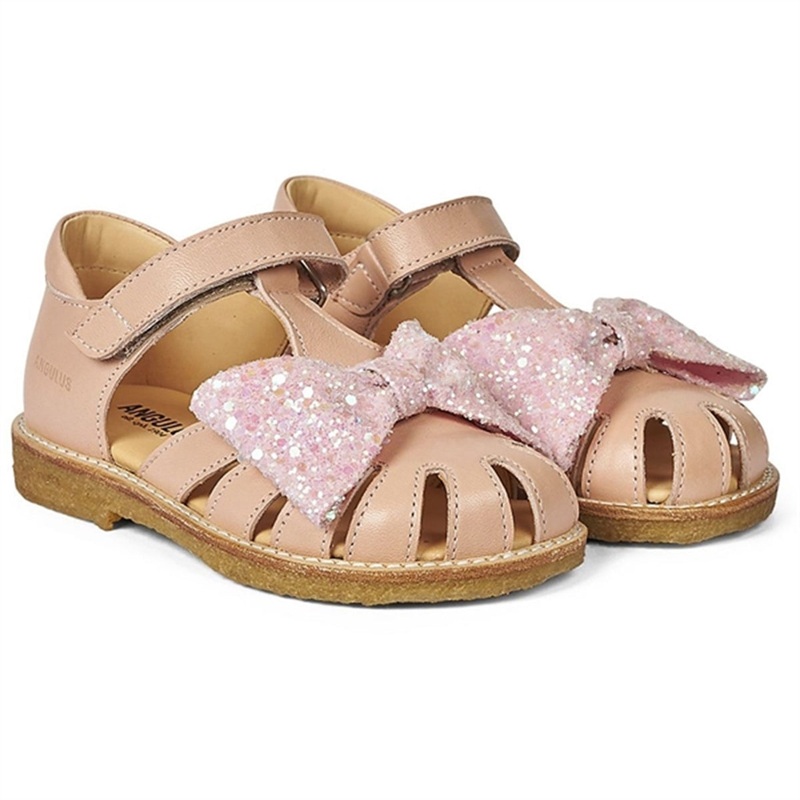 Angulus Sandal W. Bow And Velcro Peach\/Peach Glitter