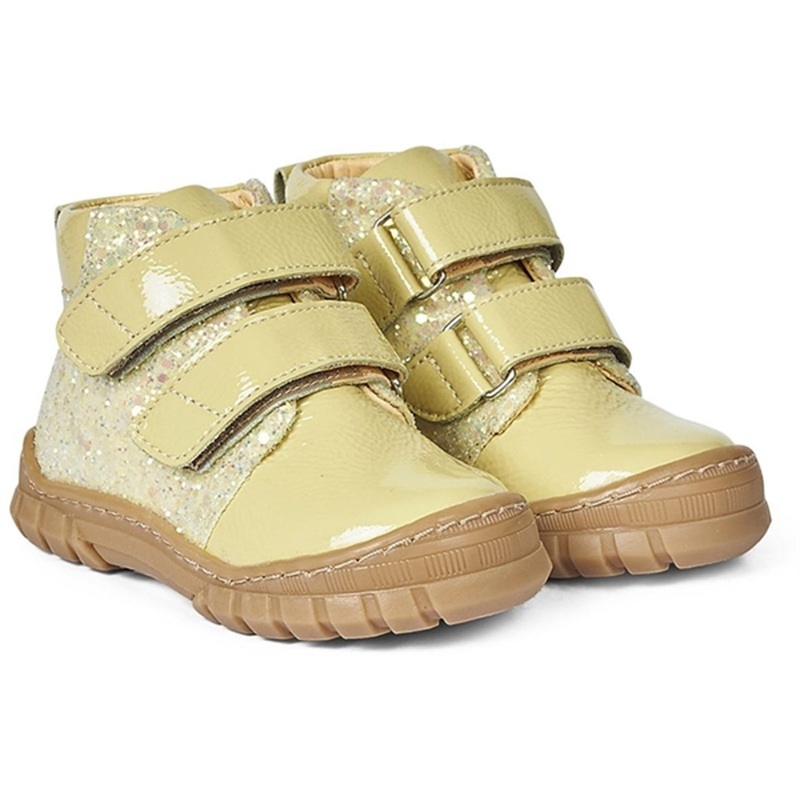 Angulus Starter Shoe W. Velcro And Glitter Details Light Yellow\/Light Yellow Glitter